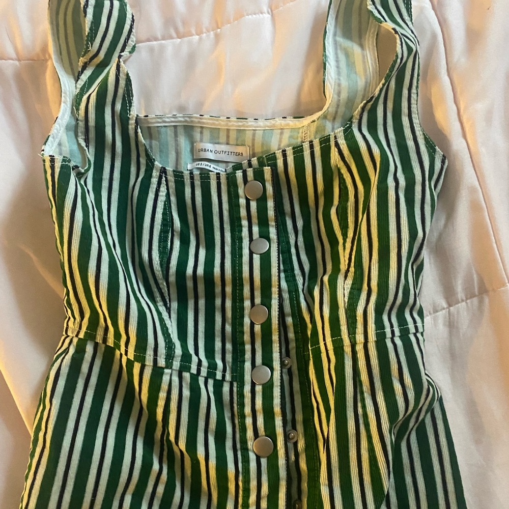 Urban Outfitters Jumper Dress Green Ivory Black Stripe Corduroy Snap Size 2